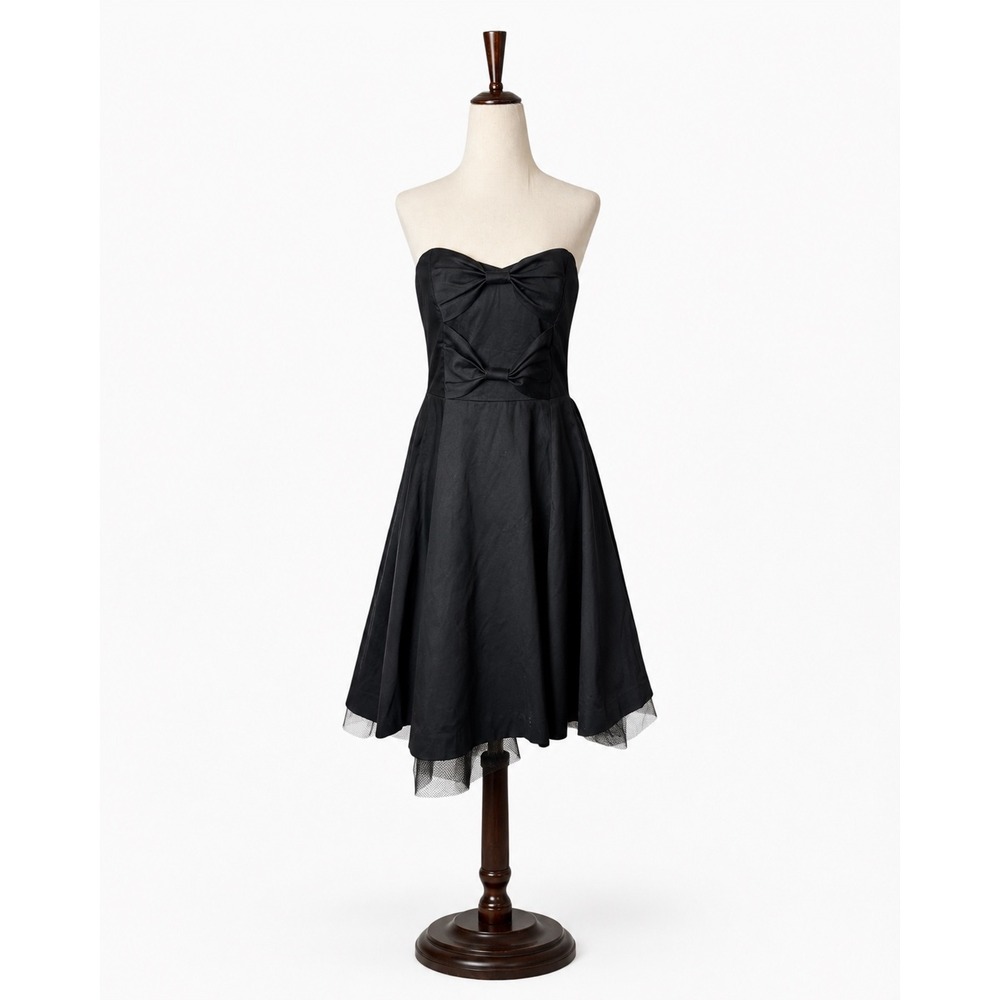 Betsey Johnson Vintage Dress Women 6 Black Double Bow Tulle Strapless Cocktail